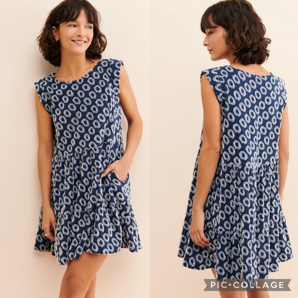 Anthro Maeve Embroidered Textured Tunic Babydoll Mini Dress w/Pockets